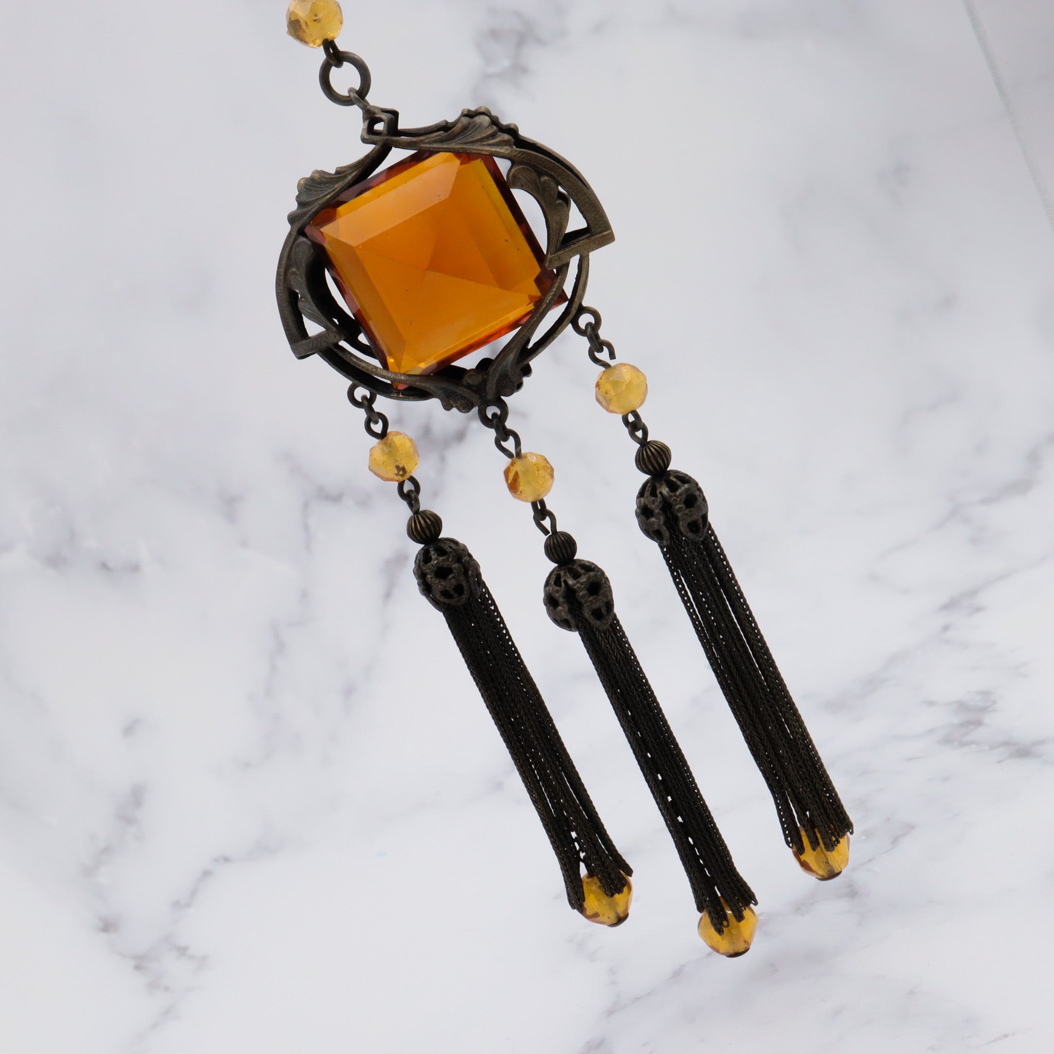 Antique Art Nouveau brass & amber glass necklace, 25"